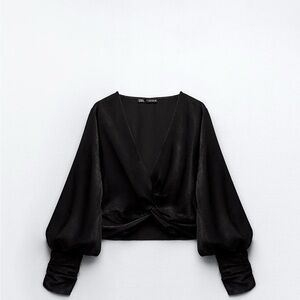 Zara black satin crop top with knotted front detail.